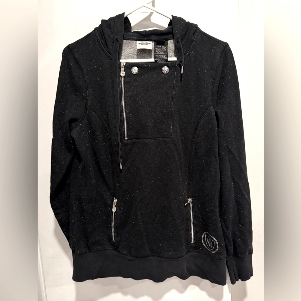 Harley Davidson zip-up moto hoodie pull over black metallic monogram Y2K fitted